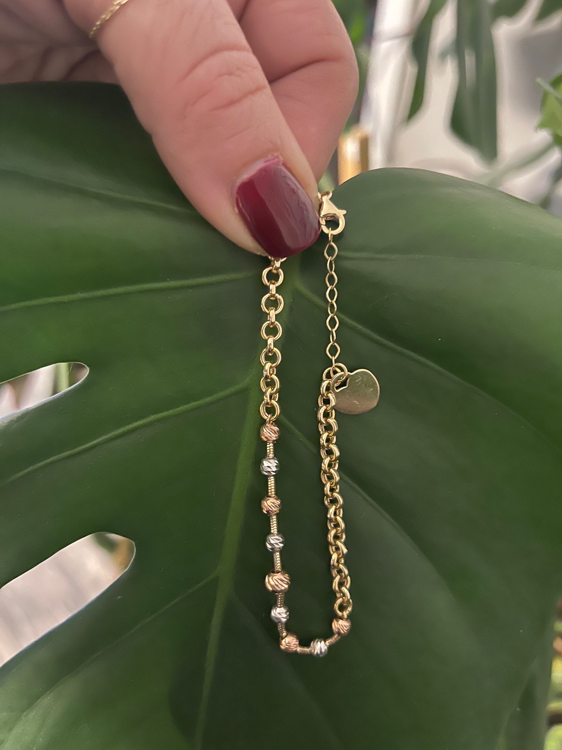 14k Gold Tri Color Rolo Chain Bracelet: Adjustable Layering Bracelet