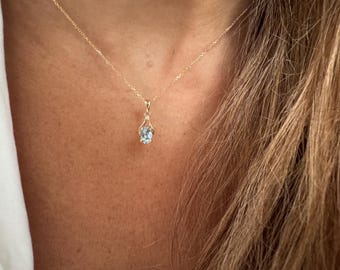 14k Gold Aquamarine Necklace: Oval Solitaire Pendant, March Birthstone
