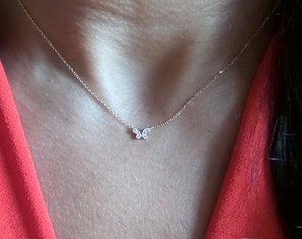 Diamond Butterfly Necklace / 14k Gold Butterfly Necklace / Minimalist Charm Necklace / Dainty Diamond Butterfly / Charm Necklace
