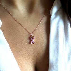 Breast Cancer Ribbon Necklace / Pink Ribbon Necklace 14k Rose Gold / Survivor Necklace / Breast Cancer Awareness Necklace / Cancer Gift image 1