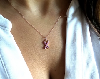 Breast Cancer Ribbon Necklace / Pink Ribbon Necklace 14k Rose Gold / Survivor Necklace / Breast Cancer Awareness Necklace / Cancer Gift