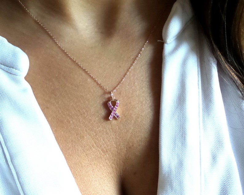 Breast Cancer Ribbon Necklace / Pink Ribbon Necklace 14k Rose Gold / Survivor Necklace / Breast Cancer Awareness Necklace / Cancer Gift image 1