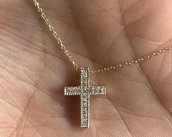 Diamond Cross Necklace / 14k Rose Gold Diamond Cross / Millgrain Design Diamond Cross / Baptism Gift / Communion / Christmas Gift / Cross