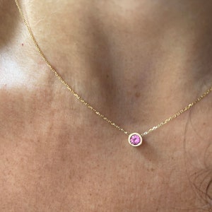 Pink Sapphire Solitaire Necklace 4MM / 14k Gold Genuine Pink Sapphire / October Birthstone Pink Sapphire / Layering Pink Sapphire Necklace