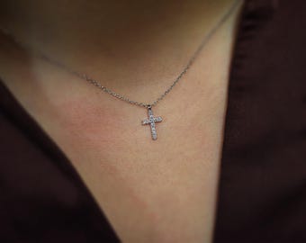 Small Diamond Cross Necklace 0.09Ct/ Diamond Layering Cross Necklace / 14k Gold Diamond Cross / Dainty Diamond Cross  Baptism Gift/Communion