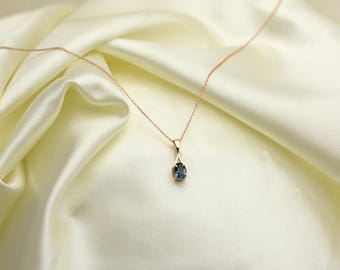 14k Gold Blue Topaz Necklace: Oval Solitaire Pendant, Personalized December Birthstone Jewelry