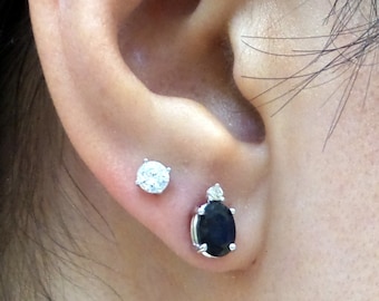 Genuine Sapphire 14 k White Gold Earrings/  Genuine Sapphire 2.01 cts Oval Shape 14k White Gold Earrings with SI 1 G color 0.04 cts Diamond