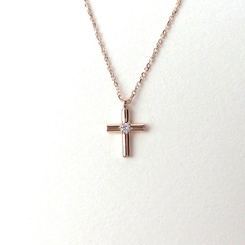 Small Diamond Cross Necklace / 14k Rose 