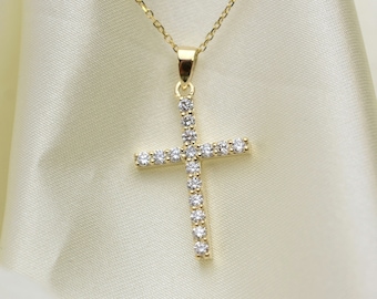 14k gold diamond cross necklace / 0.40 ct natural diamond cross / statement cross necklace / baptism / communion / confirmation