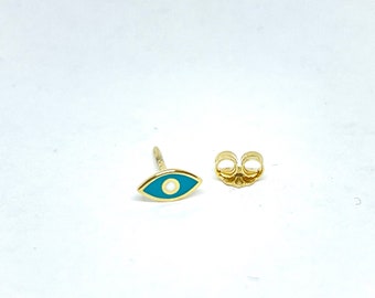 Evil Eye Earring (Single Piece)  / 14k Gold Evil Eye Earring / Blue Enamel 14k Solid Gold Evil Eye Earring