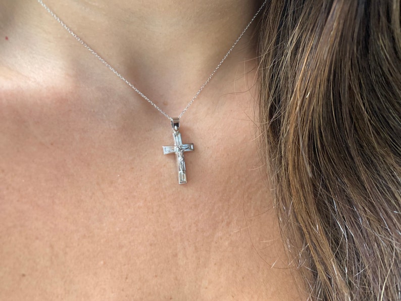 Crucifix Cross Necklace 14k White Gold Cross Necklace Unisex Gold Cross Boys Girls Cross Communion Cross Confirmation Cross Baptism