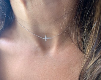 Diamond Cross Necklace 0.15ct / 14k Gold Diamond Cross / Dainty Diamond Cross / Sideways Gold Cross / Baptism Gift / Communion / Christmas