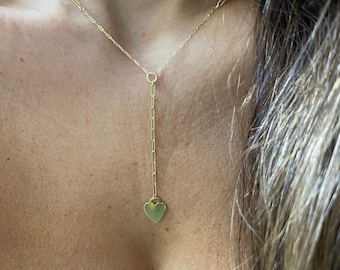 Heart Lariat Paper Clip Necklace / 14k Gold Paper Clip Heart Necklace / 14k Gold Paper Clip Chain /Layering 14k Gold Paper Clip Lariat Chain