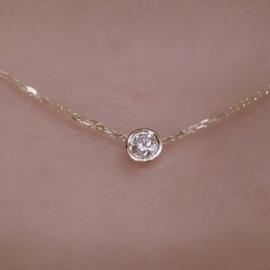 Diamond Solitaire Necklace 14k Yellow Gold / Diamond  Bezel Necklace / 14k Gold Diamond Solitaire Pendant / Delicate