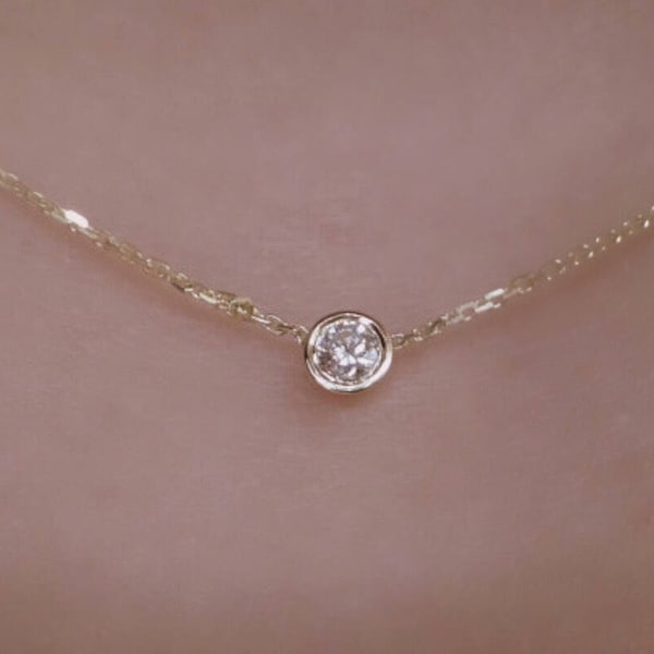 Diamant Solitär-Halskette 14k Gelbgold / Diamant Lünette Halskette / 14k Gold Diamant-Solitär-Anhänger / Zart