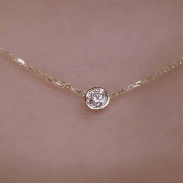 14k Yellow Gold Diamond Solitaire Bezel Necklace: layering small diamond pendant