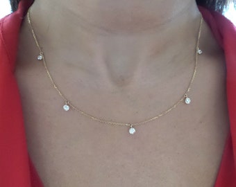 Dangling Diamond Necklace 0.50 tcw / 14k Gold Diamond Bezel Necklace / Floating Diamond / Bridal Diamond Necklace / Dainty Diamond