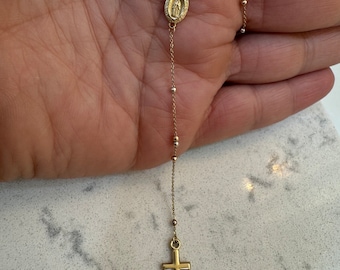 Cross Virgin Mary Rosary Necklace / 14k Gold Cross Virgin Mary Lariat / 14k Gold Miraculous Medal Cross Necklace / 14k Tri Color Rosary Bead