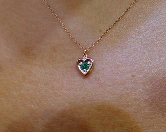 Emerald Heart Pendant 14k Rose Gold/ Gold 14k Emerald Heart Necklace 0.13ct/ Mini-Heart Necklace/ Genuine Emerald Heart Necklace