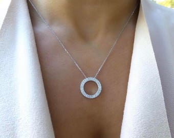 Diamond Circle Necklace 14k White Gold/ 14K Gold Diamond Circle Necklace / Circle Necklace / Diamond Circle of Life Round Necklace / Present