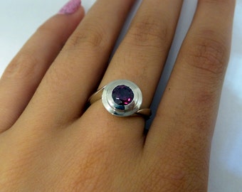 Genuine Rhodolite Garnet Round Solitaire Ring, Sterling Silver Ring,  Garnet Egagement Ring 1.2 ct garnet 925 silver