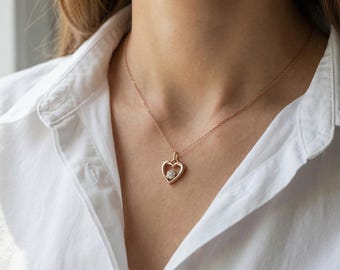 14k Rose Gold Diamond Heart Necklace: Dainty Handmade Pendant