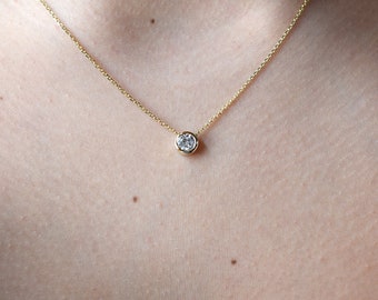 Diamond Solitaire Necklace 0.45ct / 14k Gold Sliding Bezel Set Diamond Solitaire Necklace / Floating Bridal Diamond Solitaire Necklace