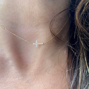 Small Diamond Cross Necklace / 14k Gold Diamond Cross / Small Diamond Cross / Sideways Cross /  Baptism Gift / Communion Cross