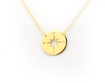 North Star Necklace / 14k Gold Starburst Necklace / Petite Minimalist North Star / Dainty Layering Starburst Pendant / Religious Star Disc