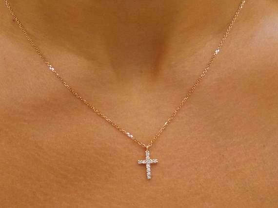 Diamond Cross Necklace / 14k Gold Diamond Cross / Dainty - Etsy