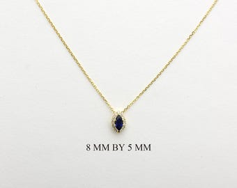 14K Gold Marquise Sapphire Diamond Halo Necklace | Genuine Blue Sapphire Pendant | September Birthstone Jewelry