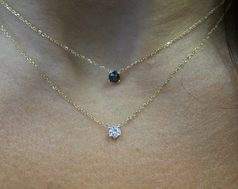 14k Gold Diamond Solitaire Necklace / 14k Gold Layered Diamond Necklace Set / Dainty Black Diamond Necklace / Diamond Prong Necklace /Dainty