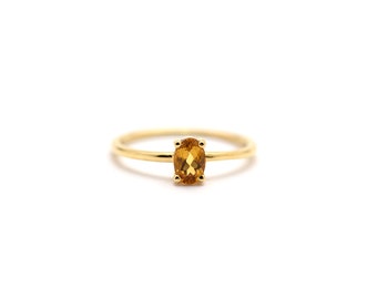 Yellow Citrine Ring 6mm by 4mm / 14k Gold Yellow Citrine Solitaire Ring / Oval Yellow Topaz Ring / November Birthstone Ring