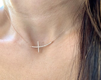 Diamond Cross Necklace / Sideways Diamond Cross 0.30cts / 14k Rose Gold Diamond Cross / Gold Cross / Communion / Confirmation /Confirmation