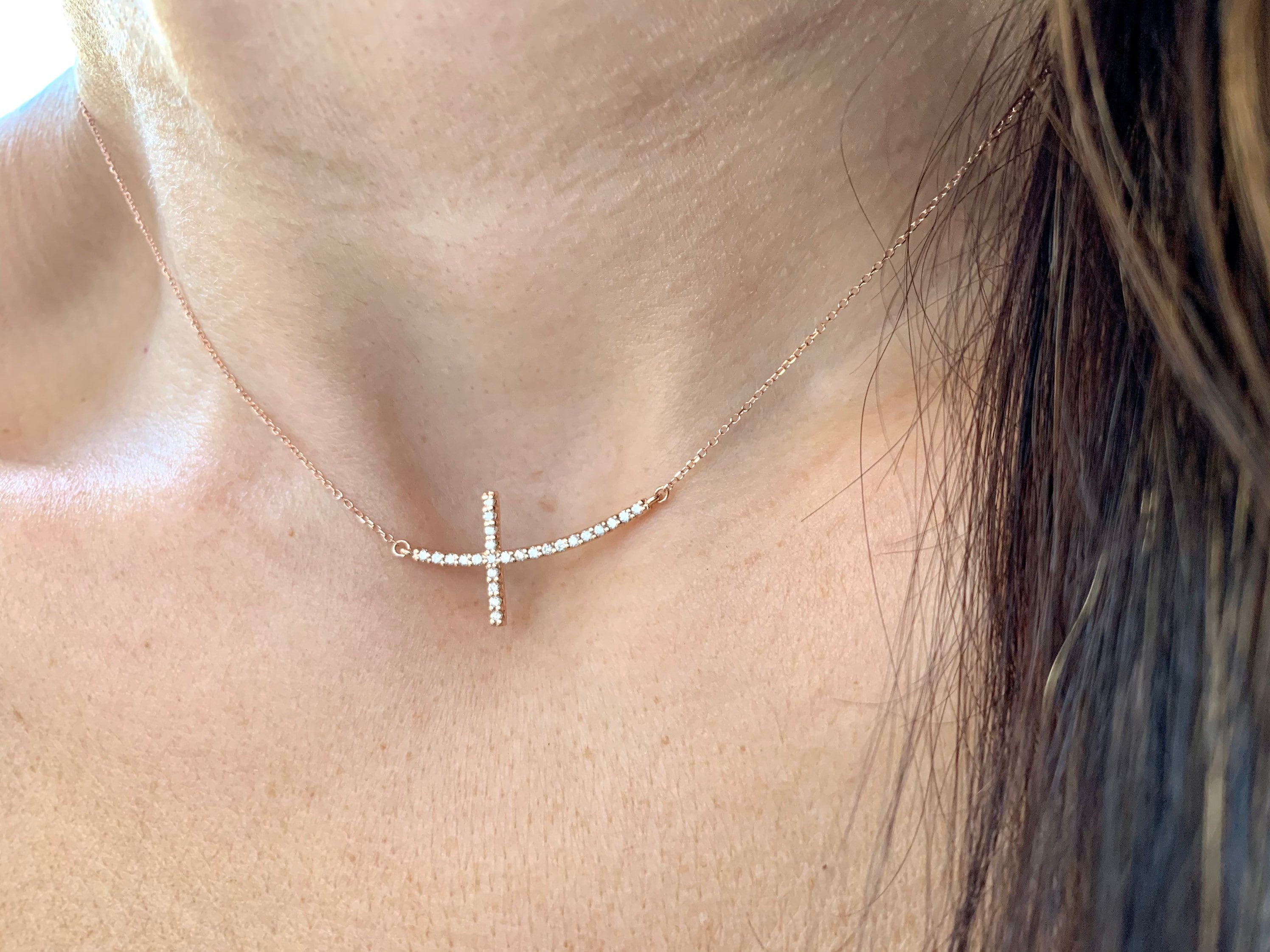 14K Yellow Gold Sideways Cross Diamond Necklace