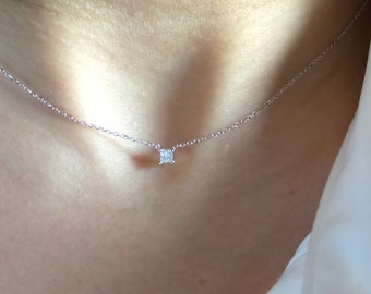 Princess Cut Diamond Necklace / Diamond Solitaire Necklace / Dainty Diamond / Bridal Diamond Necklace / 14k White Gold Diamond Necklace