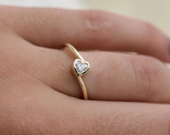 14 Gold Diamond Heart Ring, Bridal Love Ring, Stackable Jewelry