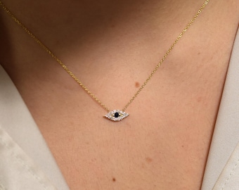 Birthstone Evil Eye Necklace, 14k Gold Sapphire Diamond Evil Eye Necklace, Everyday Evil Eye Necklace, Minimalist Evil Eye, Dainty Necklace