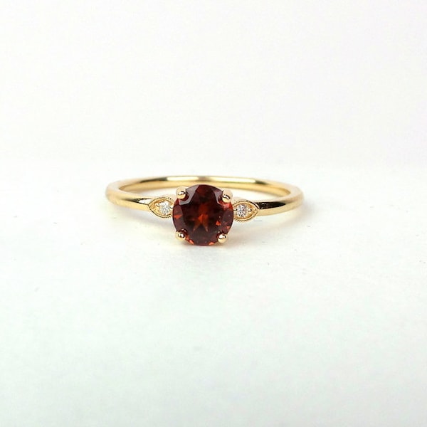 14k Gold Garnet Ring with Diamonds: January Birthstone Stackable Ring