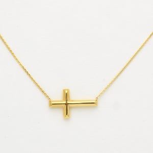 14k Gold Sideways Cross Necklace: Minimalist Cable Chain