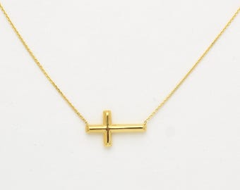 Gold Cross Necklace / 14k Gold Sideways Cross Necklace / Cross Necklace / Baptism Gift / Communion / Confirmation / Confirmation