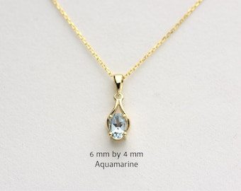 14k Gold Aquamarine Necklace: Oval Solitaire Pendant, March Birthstone