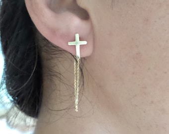 Cross Earrings / Gold Cross Earrings / 14k Gold Cross Earrings / Push back Cross Chain Earrings / Everyday lightweight Cross Earrings