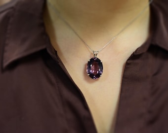 Large Oval Amethyst Necklace / Sterling Silver Amethyst Pendant / Purple Amethyst Charm Pendant / Birthday Gift / February Birthstone