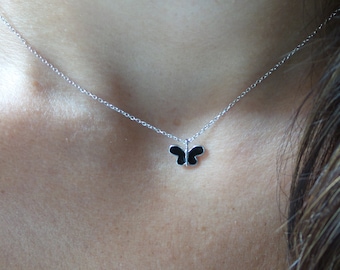 Butterfly Necklace / 14k White Gold Butterfly Necklace / Black Enamel Charm Necklace / Small Butterfly / Solid Gold Butterfly Charm Necklace