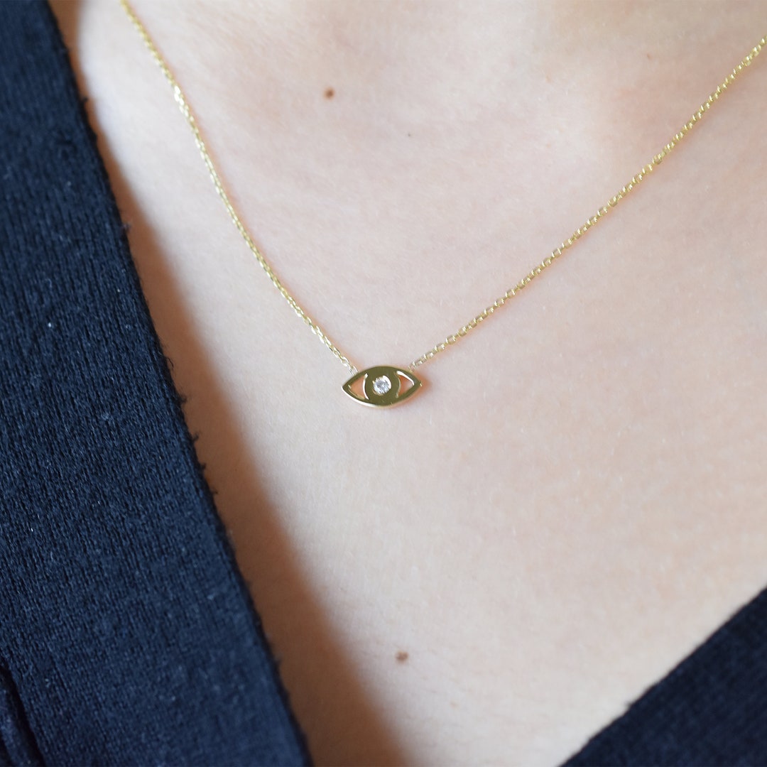 Diamond Evil Eye Necklace / 14k Gold Diamond Evil Eye Necklace / Petite Minimalist Diamond Evil