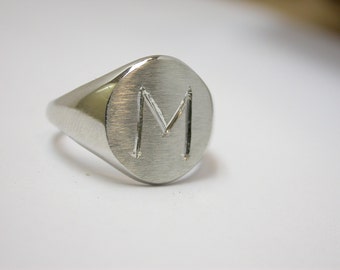 sterling silver hand engraved initial signet ring personalized to any letter solid ring