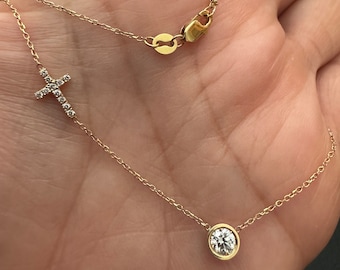 Diamond Necklace Cross / Diamond Cross Necklace / Diamond Solitaire Cross Necklace / Dainty Cross Diamond Necklace / Floating Diamond