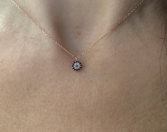 Evil Eye Necklace / 14k Rose Gold Diamond Sapphire Evil Eye Necklace / Sapphire Diamond  Evil Eye / Minimalist Evil Eye / Kabbalah Jewelry
