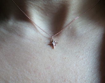 North Star Necklace / Starburst Diamond Necklace / 14k Rose Gold North Star Diamond Necklace / Minimalist North Star Pendant / Dainty Star